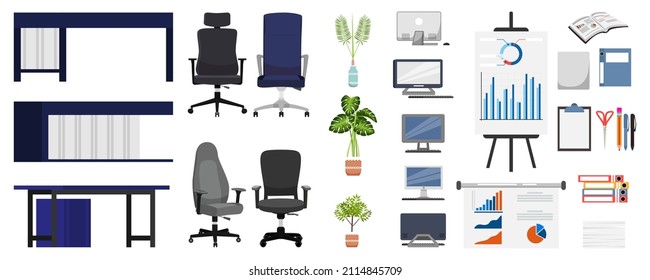 Elementos y equipos de la oficina del hogar con la mesa de silla pc portátil de la computadora y con algunas carpetas de archivos de montón de papel y placa de presentación de plantas aisladas