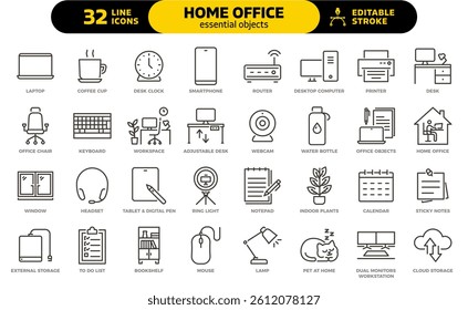 Home office essential objects icon set. Thin line editable stroke icons for remote work, workspace setup, productivity