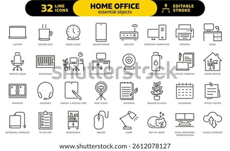 Home office essential objects icon set. Thin line editable stroke icons for remote work, workspace setup, productivity