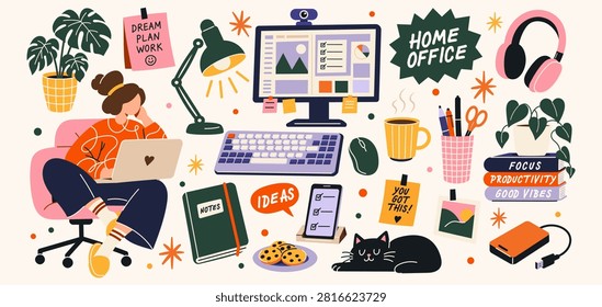 Home office essentials sticker set. Woman working remotely with desktop computer, laptop, headphones, coffee, plants, stationery, black cat and productivity icons in colorful flat vector illustration.