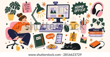 Home office essentials sticker set. Woman working remotely with desktop computer, laptop, headphones, coffee, plants, stationery, black cat and productivity icons in colorful flat vector illustration.