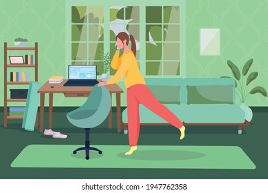 Home office flat color vector illustration. Chair yoga. Aerobics and physical activity during work. Workplace workout. Freelancer talk on phone 2D cartoon character with green interior on background