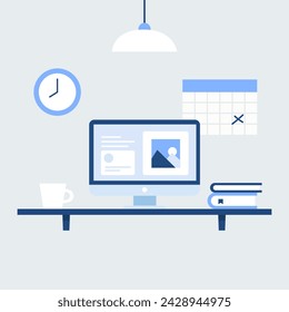 Home office. Flat design vector illustration of modern home office interior with designer desktop and computer, workplace room in grey and blue color.