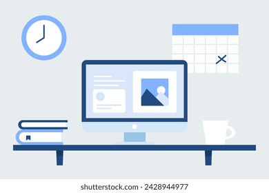 Home office. Flat design vector illustration of modern home office interior with designer desktop and computer, workplace room in grey and blue color.