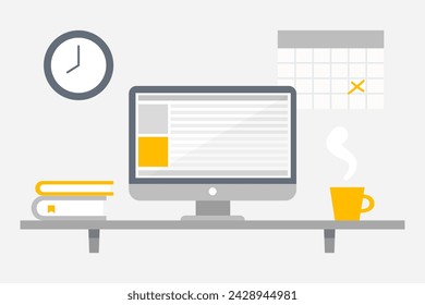 Home office. Flat design vector illustration of modern home office interior with designer desktop and computer, workplace room in grey and yellow color.