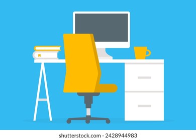 Heimbüro. Flache Design Vektor-Illustration des modernen Home Office Interieur mit Designer-Desktop und Computer, Arbeitsplatz. Isoliert auf blauem Hintergrund.