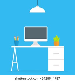 Oficina en casa. Ilustración vectorial de diseño plano de interior de oficina en casa moderna con escritorio y computadora de diseño, sala de trabajo. Aislado sobre fondo azul.