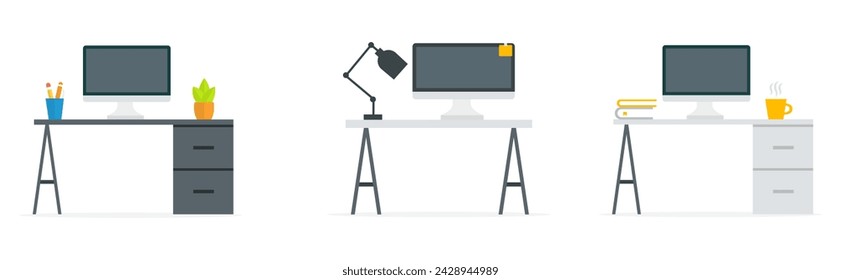 Home office. Flat design vector illustration of modern home office interior with designer desktop and computer, workplace room. Isolated on white background.