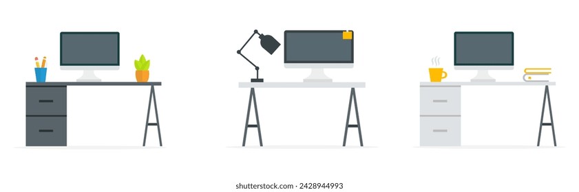 Home office. Flat design vector illustration of modern home office interior with designer desktop and computer, workplace room. Isolated on white background.