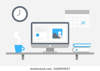 Home office. Flat design vector illustration of modern home office interior with designer desktop and computer, workplace room in grey and.