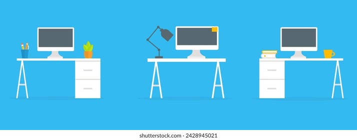 Home office. Flat design vector illustration of modern home office interior with designer desktop and computer, workplace room. Isolated on blue background.