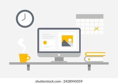 Home office. Flat design vector illustration of modern home office interior with designer desktop and computer, workplace room in grey and yellow color.