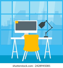 Oficina en casa. Ilustración vectorial de diseño plano de interior de oficina en casa moderna con escritorio y computadora de diseño, sala de trabajo.