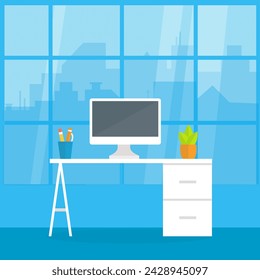 Home office. Flat design vector illustration of modern home office interior with designer desktop and computer, workplace room.