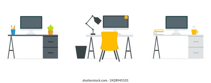 Home office. Flat design vector illustration of modern home office interior with designer desktop and computer, workplace room. Isolated on white background.