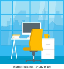 Home office. Flat design vector illustration of modern home office interior with designer desktop and computer, workplace room.