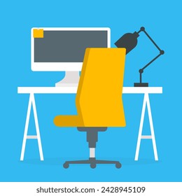Home office. Flat design vector illustration of modern home office interior with designer desktop and computer, workplace room. Isolated on blue background.