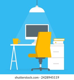 Home office. Flat design vector illustration of modern home office interior with designer desktop and computer, workplace room. Isolated on blue background.