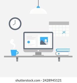 Home office. Flat design vector illustration of modern home office interior with designer desktop and computer, workplace room in grey and.
