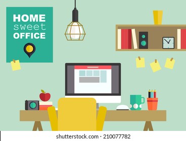Home office flat interior design vector illustration