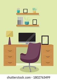 Home office flat vector graphic with desk chair shelves and decorations lamp and computer