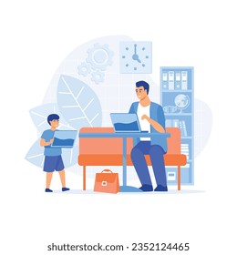 Home office. flexible schedule concept. Freelancer with child working on laptop. Parent working with son. flat vector modern illustration