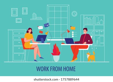 Freelance-Komposition des Hauses mit Ehepaaren zu Hause und Arbeit aus Eigenbeschreibungen Vektorgrafik