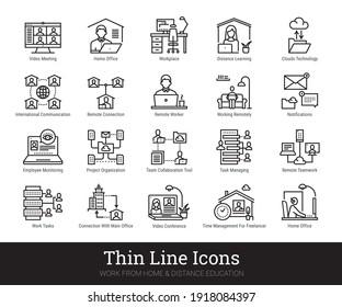 Home office, freelance, distance learning, remote teamwork thin line icons. Businessman, work from home, clouds technology, management linear logo concept for web, mobile application. Editable stroke.