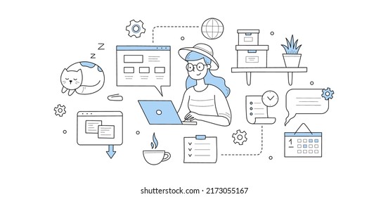 Home Office, Freelance Doodle Concept. Young Woman Work On Laptop With Cat, Coffee Cup And Office Supply Icons Around. Distant Outsourced Job, Business, Girl Freelancer, Line Art Vector Illustration