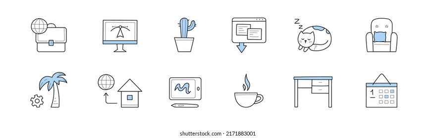 Home office, freelance doodle icons set. Cogwheel and palm tree, house and globe, coffee cup. Workplace desk, calendar, computer, potted plant and sleeping cat, cosy armchair. Line art vector elements