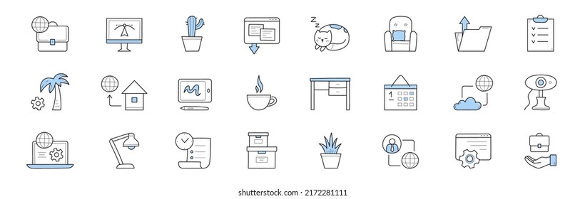 Home office, freelance doodle icons set. Cogwheel and palm tree, house and globe, coffee cup. Workplace desk, calendar, computer, potted plant and sleeping cat, cosy armchair. Line art vector elements