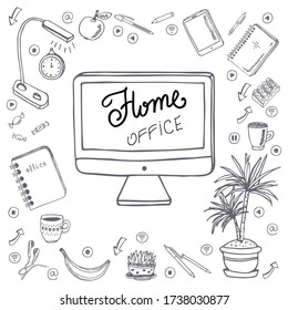 Home office. Freelance. Doodle set isolated on white background. Template for postcard, banner, poster, web pages design. Hand Drawn vector illustration.