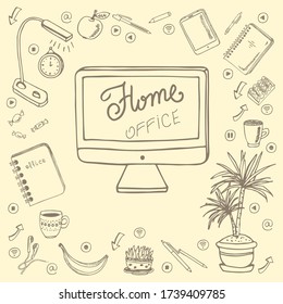 Home office. Freelance. Doodle set isolated on beige background. Template for postcard, banner, poster, web pages design. Hand Drawn vector illustration.