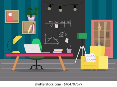 Home office. Freelance. Flat room concept with working table and chair and armchair. Modern home workplace flat vector design.