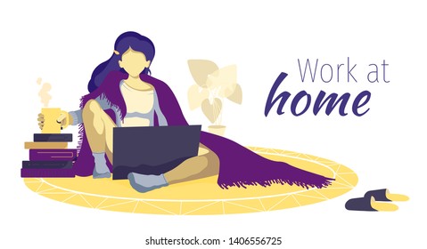 Home office, freelance, work at home concept. Young woman sitting on the carpet with laptop. Illustration can be used in card, poster, banner, flyer, brochure.