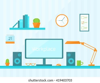 Home office freelancer desktop workplace. Flat design vector illustration. Blue, green, orange.
