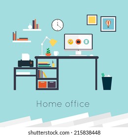 Home office. Furniture and Accessories. Flat design vector illustration of modern home office interior with designer desktop