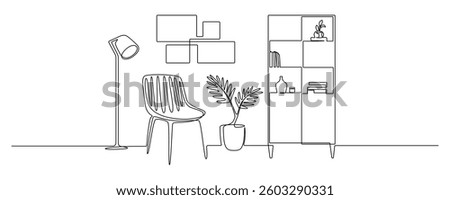Home office with furniture in continuous one line drawing. Indoor household for living room with armchair and plant with shelf in simple linear style. Editable stroke. Doodle vector illustration