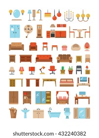 Home and office furniture interiors flat icons set. Furniture for home and office, furniture table sofa and armchair. Vector illustration