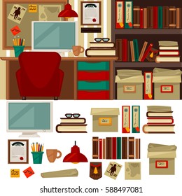 Home office furniture library interiors and objects. Home office  Flat icons set Isolated vector illustration