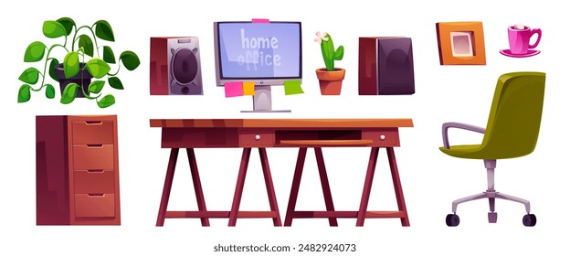 Conjunto de muebles de oficina en casa aislado sobre fondo blanco. Ilustración de dibujos animados de Vector de cajón de madera, escritorio, computadora de escritorio y altavoces, sillón, cactus, taza de té, marco de fotos, Elementos de diseño