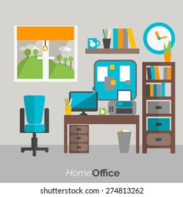 Home office  furniture shelves and drawers bookcase and  computer desk comfy chair poster flat abstract vector illustration