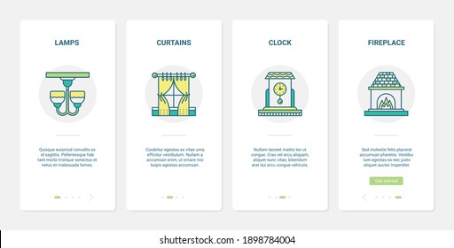 Home or office furniture vector illustration. UX, UI onboarding mobile app page screen set with line furnishing collection for living room interior decoration with lamp curtains clock fireplace symbol