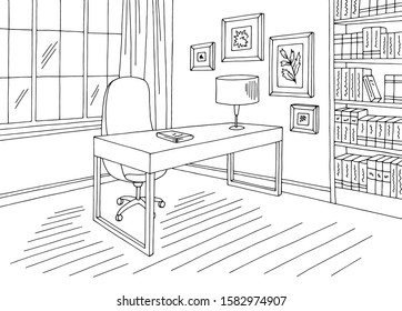 Home office graphic black white interior sketch illustration vector