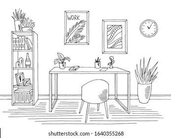 Home Office Graphic Black White Interior Sketch Illustration Vector