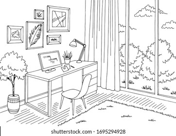 Home office graphic black white interior sketch illustration vector