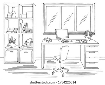 Home office graphic black white interior sketch illustration vector