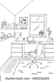 Home office graphic. Black and white home interior sketch, vector illustration.