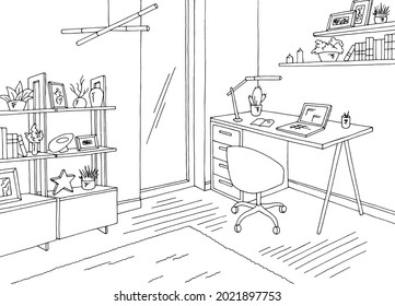 Home office graphic black white interior sketch illustration vector 