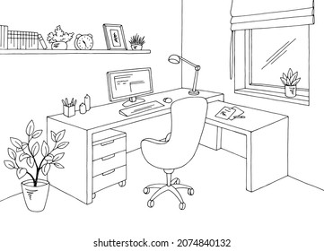 Home office graphic black white interior sketch illustration vector 